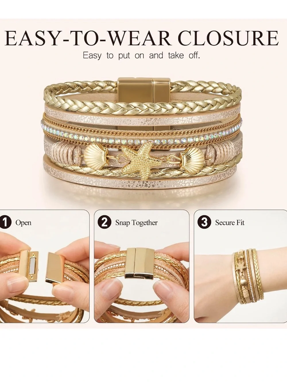 Anthropologie Gold and Blush Shell & Starfish Wrap Bracelet